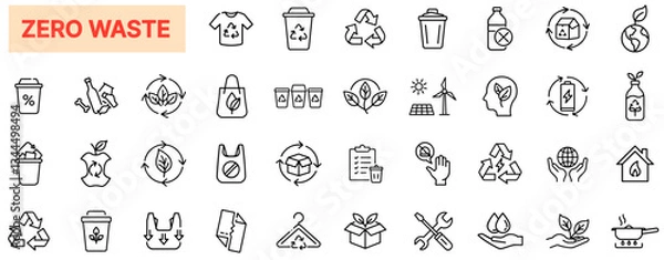 Obraz Zero Waste Line Icons, Sustainability, Recycling, Eco Friendly, Waste Reduction, Composting, Reusable Products, Green Living, Minimal Waste, Environmental Conservation