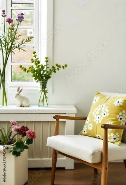 Fototapeta A white chair with a yellow floral pillow next to a window with flowers and bunny figures in a white room 