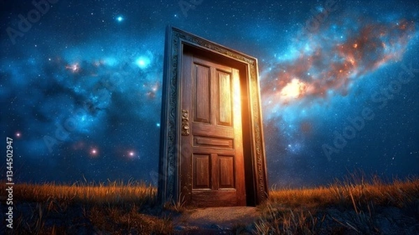 Fototapeta Solitary Wooden Door in an Empty Field Opening to a Vast Starry Sky – Surreal Symbol of the Unknown Future and Cosmic Exploration. Generative AI 