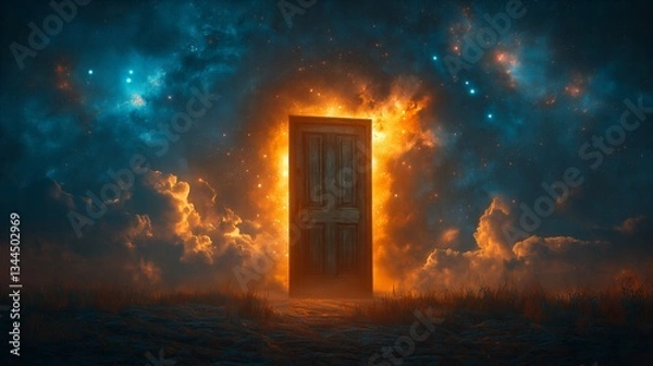 Fototapeta Solitary Wooden Door in an Empty Field Opening to a Vast Starry Sky – Surreal Symbol of the Unknown Future and Cosmic Exploration. Generative AI 