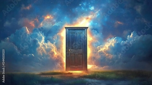 Fototapeta Solitary Wooden Door in an Empty Field Opening to a Vast Starry Sky – Surreal Symbol of the Unknown Future and Cosmic Exploration. Generative AI 