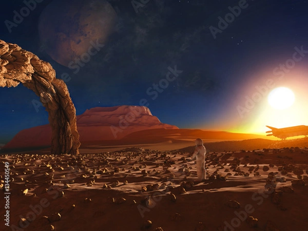 Fototapeta 3d rendering of an cosmonaut exploring wild alien planet