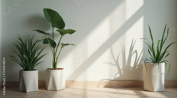 Fototapeta three potted plants with sunlight casting shadows on a wall