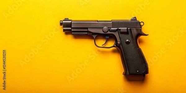 Obraz Vintage Style Photo: Black Airsoft Gun on Yellow Background - Flat Lay