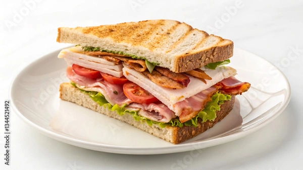 Fototapeta Stacked Club Sandwich with Turkey, Bacon, Lettuce, and Tomato on White Plate - Minimalistic Food Presentation