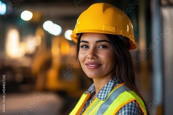 Fototapeta A confident young female engineer beams with pride, showcasing her expertise and dedication in a bustling industrial setting, illuminated by warm, ambient light.