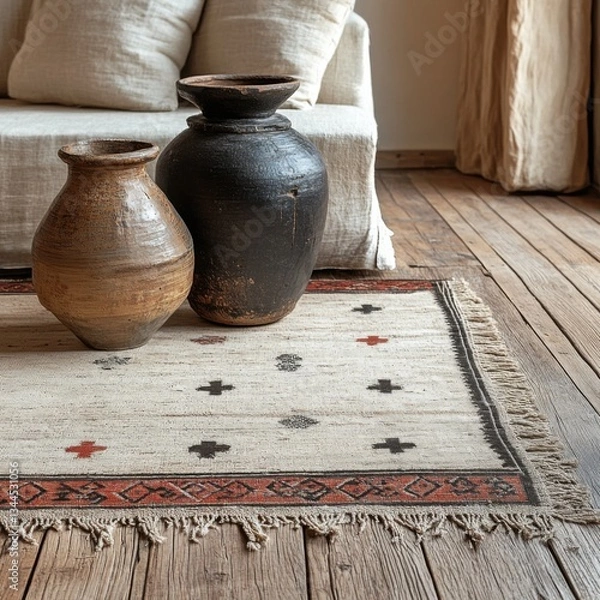 Fototapeta A soft woven rug with an intricate pattern on a wooden floor