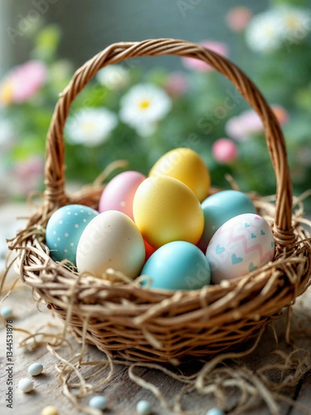 Fototapeta A natural wicker easter basket full of colorful eggs painted and dyed with whimsical patterns on a table top with spring flowers in the background