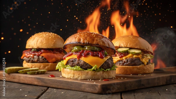 Fototapeta Delicious Juicy Cheeseburger with Fresh Vegetables on Wooden Table,
Close-Up of a Tasty Beef Burger with Lettuce, Tomato, Cheese, and Pickles,
Mouthwatering Gourmet Burger with Sesame Bun and Colorful