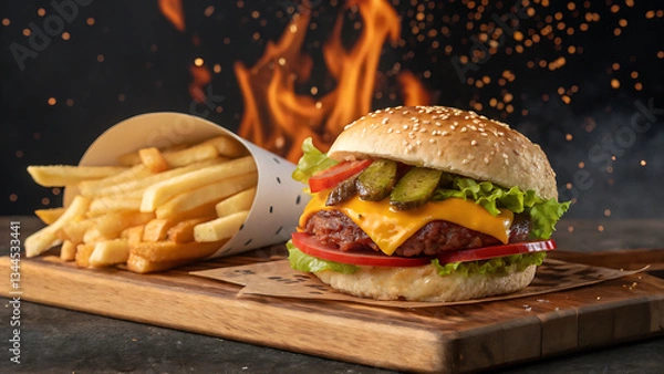 Fototapeta Delicious Juicy Cheeseburger with Fresh Vegetables on Wooden Table,
Close-Up of a Tasty Beef Burger with Lettuce, Tomato, Cheese, and Pickles,
Mouthwatering Gourmet Burger with Sesame Bun and Colorful