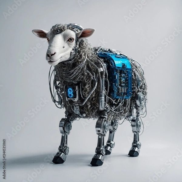 Fototapeta "A cyberpunk-inspired robotic sheep with metallic wool and neon-blue eyes, standing against a plain white background."
