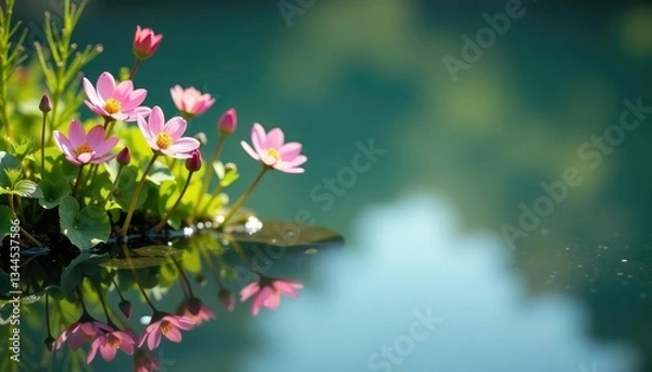 Fototapeta Delicate wildflowers reflected in glassy lake, creating floral design , countryside, mirror, lake reflection