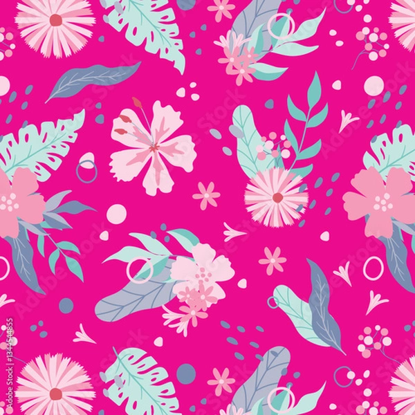 Obraz Colorful hibiscus flower with tropical leaf seamless pattern design for summer holidays background.