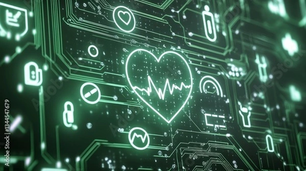 Fototapeta Glowing Green Heart Rate Monitor on Circuit Board