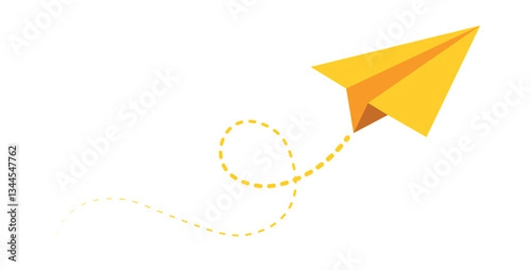 Fototapeta Colorful fun paper plane with dotted line. Hand drawn doodle airplane. Travel symbol, vector illustration. Isolated on white background
