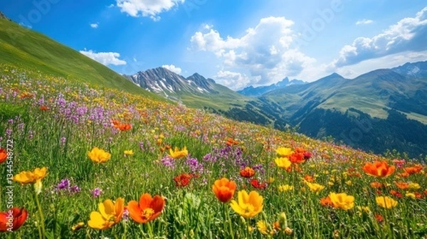 Fototapeta Vibrant wildflower meadow cascading across alpine slopes with majestic peaks