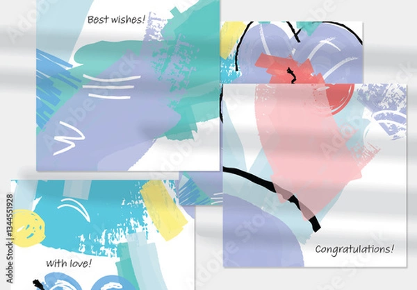 Fototapeta Card Layout with Textured Hand Drawn Abstract Scribbles and Floral Doodles