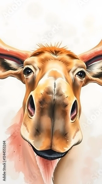 Fototapeta A vibrant and expressive watercolor-style digital painting of a cow’s face in an exaggerated close-up. The soft brush strokes and warm color palette give it a lively, artistic, and whimsical feel.