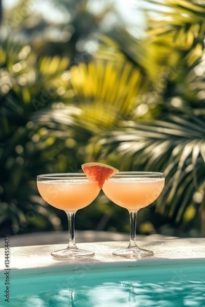 Fototapeta Vibrant cocktail sits poolside amidst tropical foliage, creating a refreshing summer scene