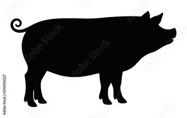 Fototapeta Black silhouette of pig, isolated. Simple elegant profile. Distinctive curly tail and characteristic shape. Clean design ideal for farm themes, food production, agricultural contexts.
