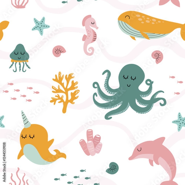 Obraz Underwater seamless pattern. Cute whale, stingray, dolphin, seahorse and narwhal. Cute background.
