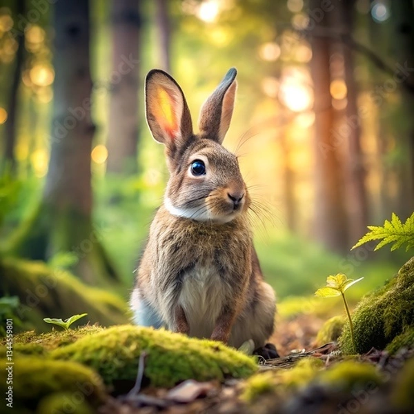 Fototapeta Forest Rabbit's Curious Gaze: A charming rabbit sits amidst a vibrant forest scene, its long ears perked, and eyes sparkling with curiosity. Captured in stunning detail.