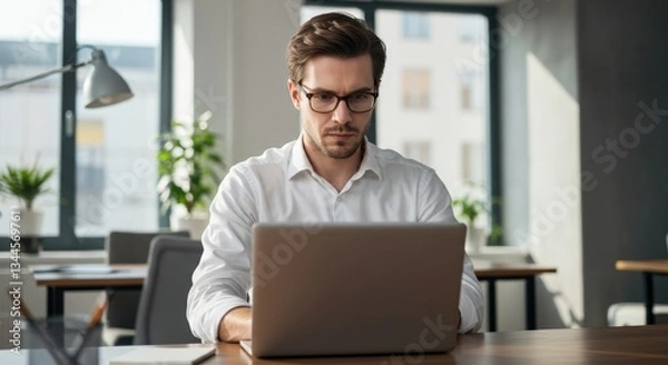 Fototapeta Remote worker in a modern office setting using a laptop for professional tasks
