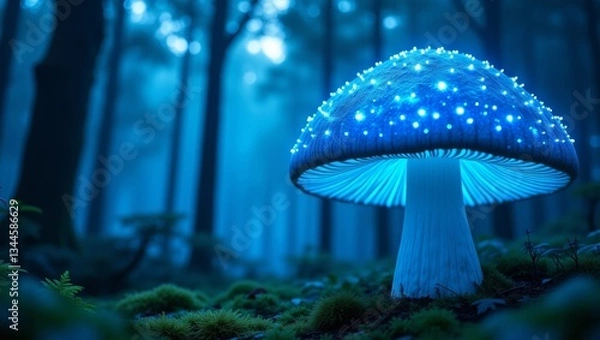 Fototapeta Enchanted glowing blue mushroom in mystical forest setting with ethereal lighting and vibrant details
