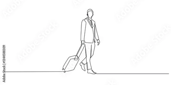 Fototapeta one continuous line drawing of man going on business trip.one line drawing of business man pulling suitcase at airport.single line vector illustration.isolated on white background