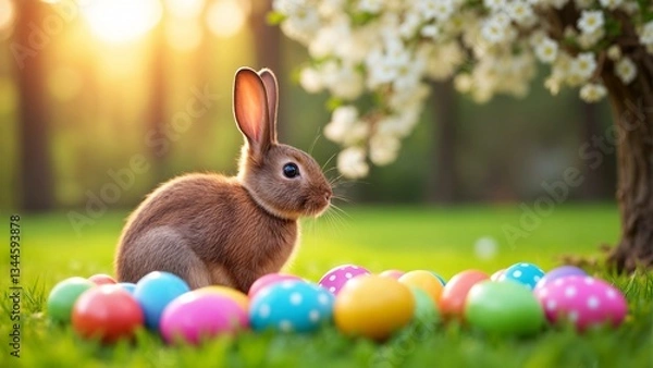 Fototapeta A brown rabbit sitting in a field of colorful Easter eggs.