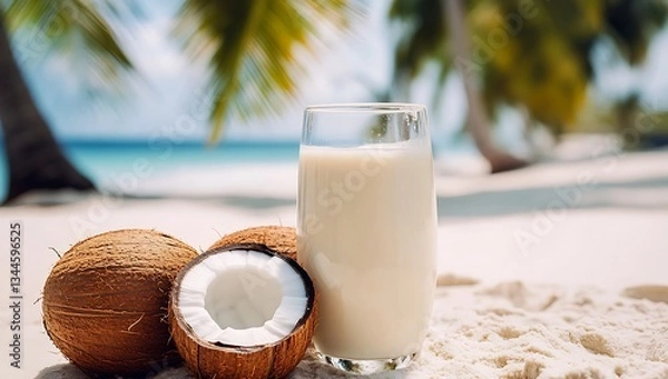 Obraz A glass of coconut milk on the beach with an open half coconut in front