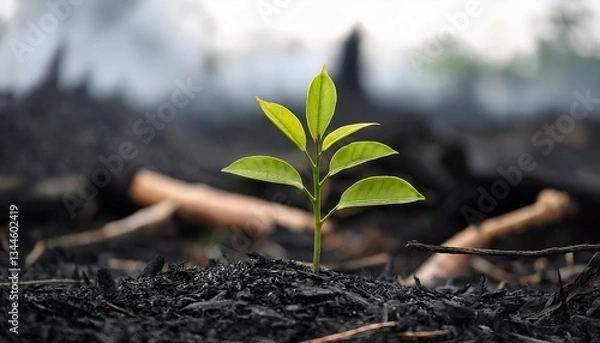 Fototapeta Hope in Ash: A tiny, vibrant green sprout pushes through the charred remnants of a fire, symbolizing resilience, rebirth, and the enduring power of nature in the face of devastation.