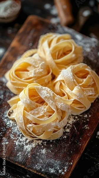 Fototapeta  Close-up of freshly made tagliatelle nests dusted with flour resting on a dark wooden surface, showcasing homemade Italian cuisine and rustic charm.