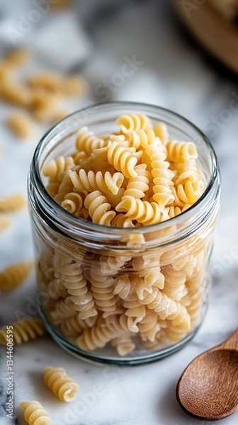 Obraz  Glass jar filled with uncooked fusilli pasta on marble countertop. Soft lighting enhances rustic, homey kitchen atmosphere with Italian culinary charm.