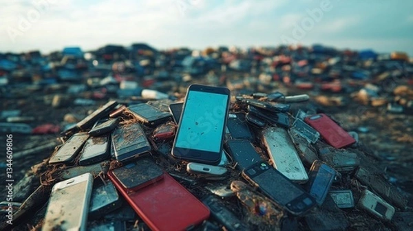Fototapeta Pile of Discarded Mobile Phones Highlighting E-Waste and Environmental Concerns