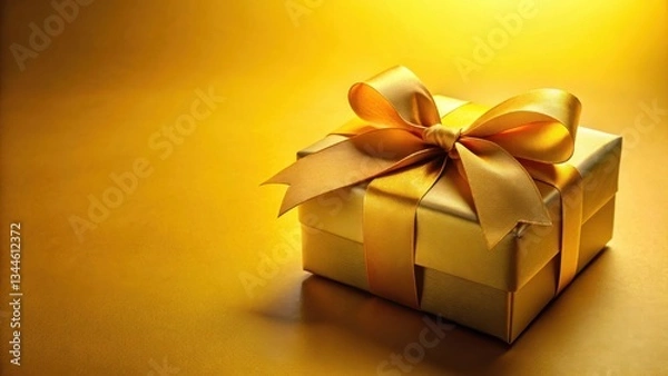 Fototapeta A Luxurious Golden Gift Box with a Sumptuous Satin Ribbon Bow on a Golden Background