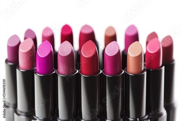 Fototapeta Many lipsticks in different colors isolated on a white background