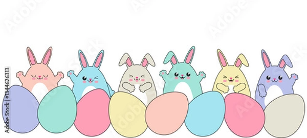 Fototapeta Bunnies and eggs Easter border with cute rabbits