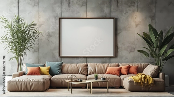 Fototapeta modern beige sectional sofa with large canvas print in contemporary living room