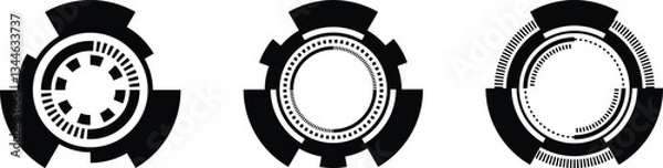 Fototapeta Three repeating circular graphic elements, appearing as technology interface or dashboard displays, in a simple black and white style.