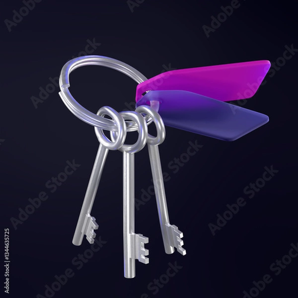 Fototapeta A 3d render of three metal keys and two plastic keychains on a ring on black background