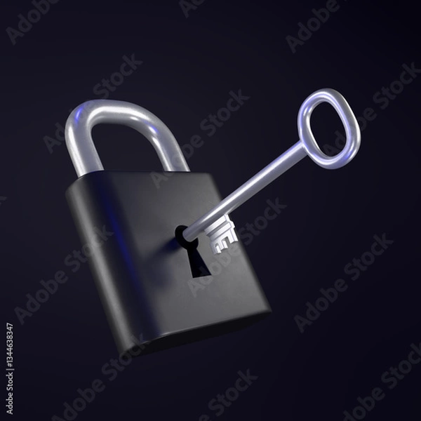 Fototapeta A 3D render of a black lock that has been unlocked using one metal key