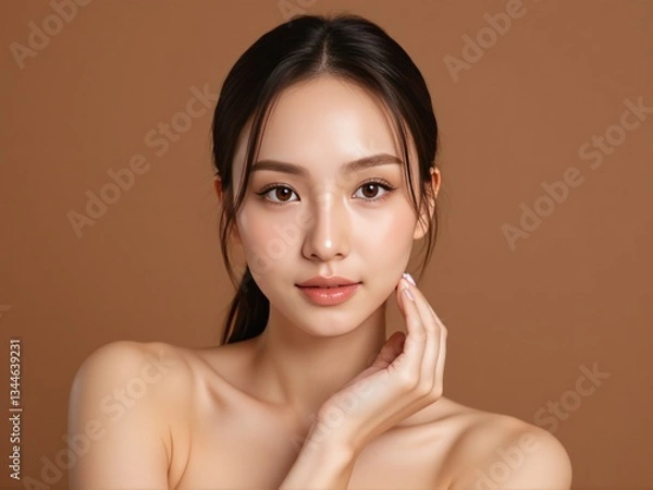 Fototapeta radiant woman with flawless skin, standing in an isolated studio with a brown background, highlighting her glowing complexion for skincare promotion