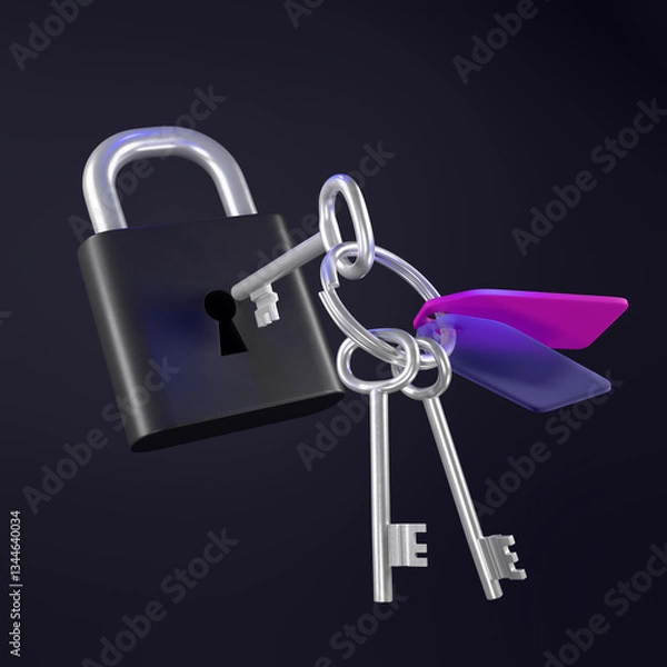 Fototapeta A 3D render of a black lock that has been unlocked using one of the metal keys on the keyring.