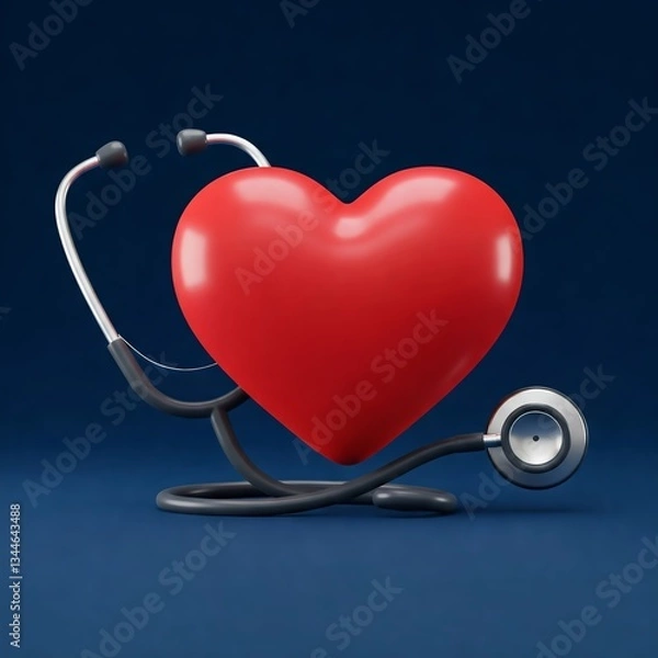 Fototapeta A cartoon stethoscope listens to a cartoon heart on a blue background. Bright and playful, ideal for children's medical apps and health-related designs. Format: 1:1.