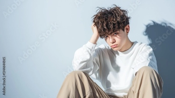 Obraz Child Abuse and Fear Distress from Pedophilia, A young person sitting pensively against a light wall.