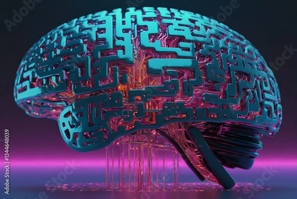 Fototapeta Futuristic human brain connecting neural link chip digital metaverse city world universe
