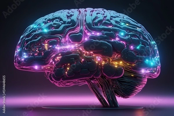 Fototapeta Futuristic human brain connecting neural link chip digital metaverse city world universe