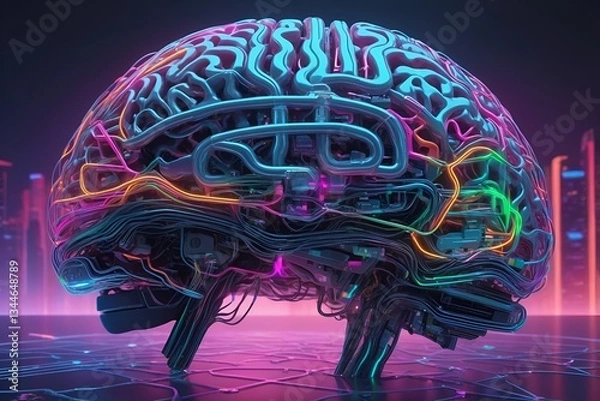 Fototapeta Futuristic human brain connecting neural link chip digital metaverse city world universe