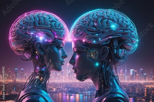 Fototapeta Futuristic human brain connecting neural link chip digital metaverse city world universe